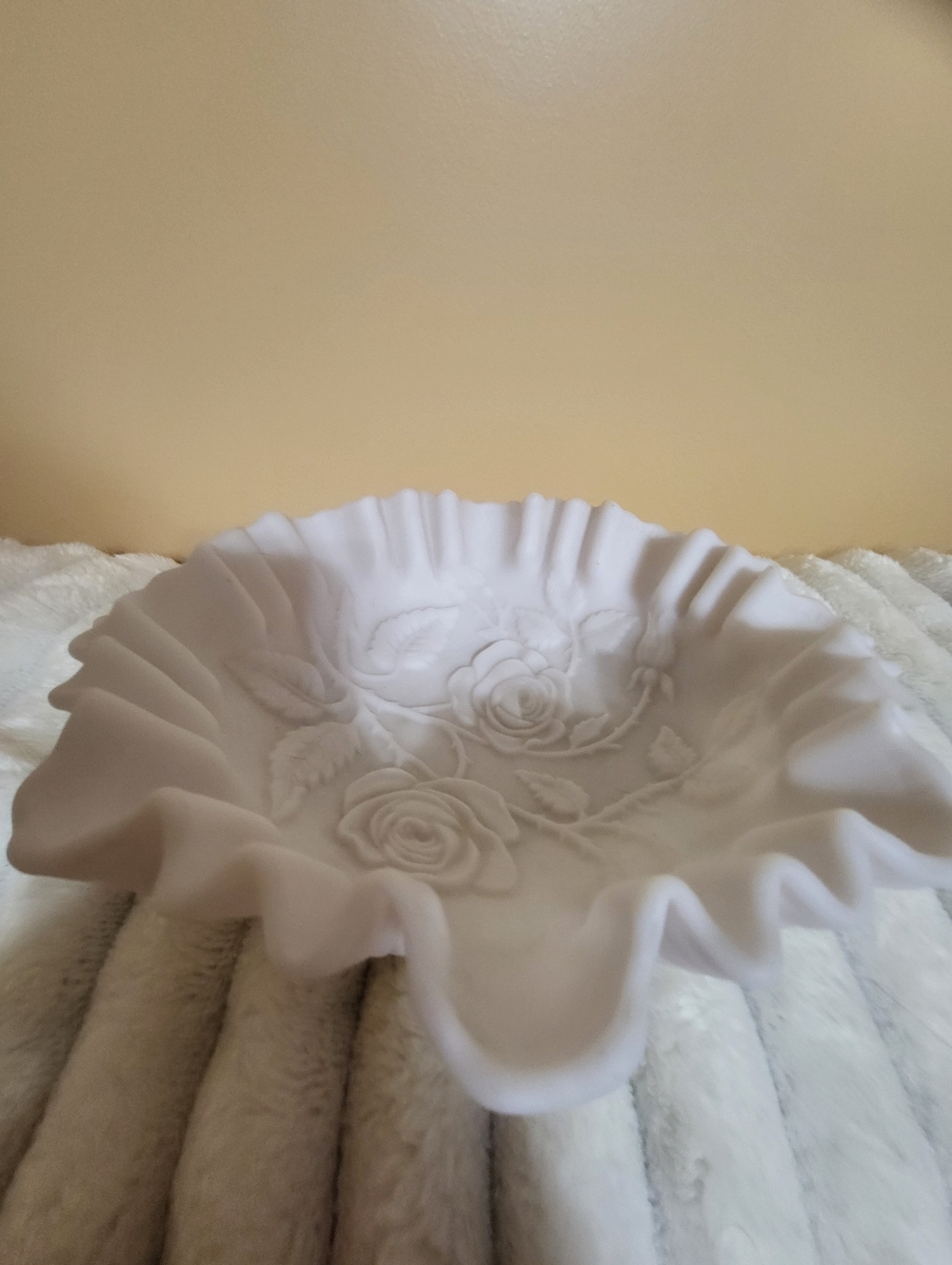 Ruffled White Milk Glass Bowl with Rose Embossing